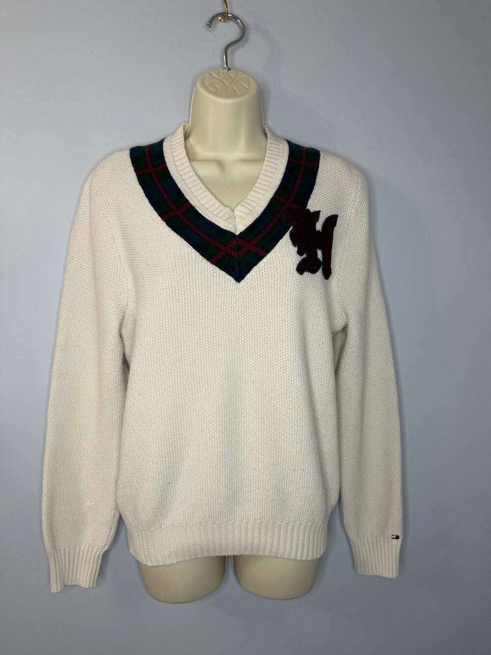 Tommy Hilfiger Cable Knit Cricked V Neck Logo Cream Preppy Sz S